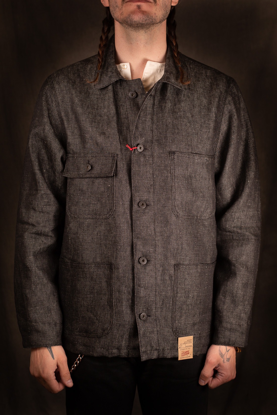 Naked And Famous Chore Coat Raw Linen Denim Black Pinkomo