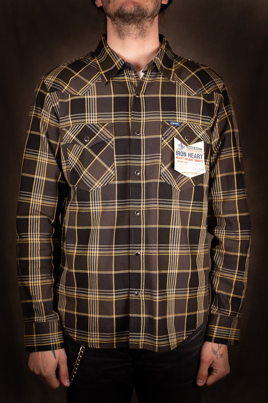 Iron Heart IHSH-318-Blk 6oz Viyella Check Western Shirt