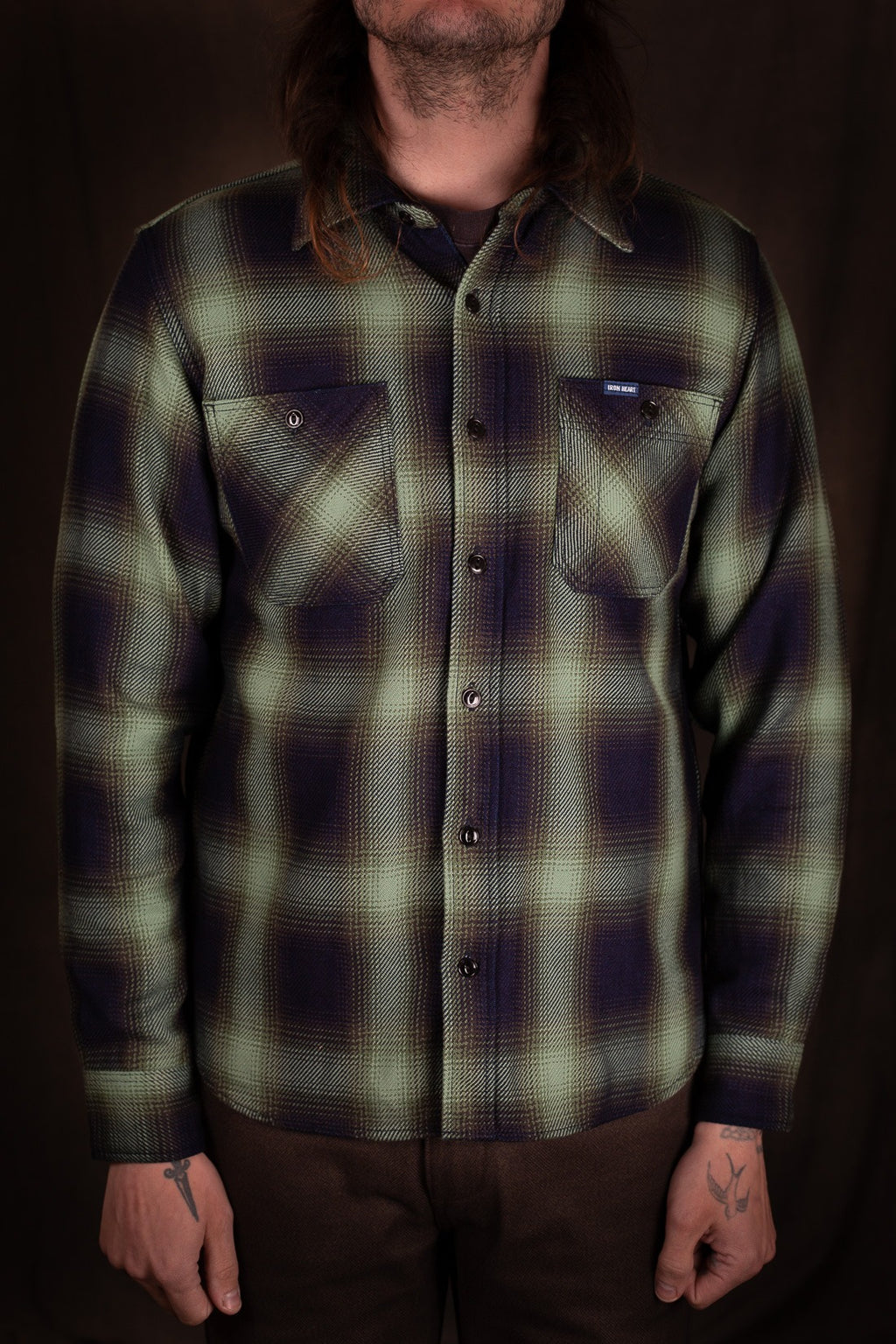 Iron Heart IHSH-349-GRN- 9oz Selvedge Ombré Check Work Shirt - Green