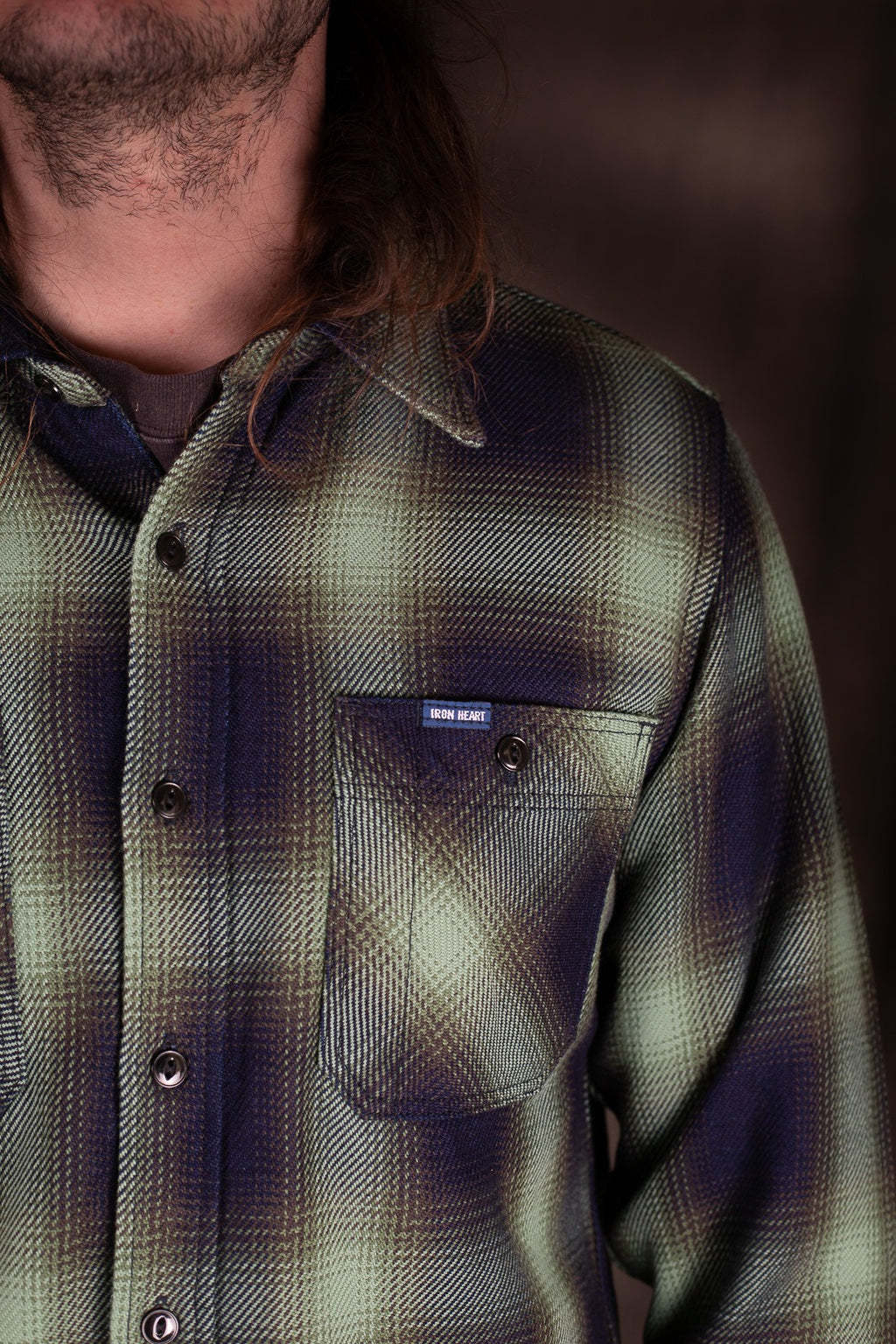 Iron Heart IHSH-349-GRN- 9oz Selvedge Ombré Check Work Shirt - Green