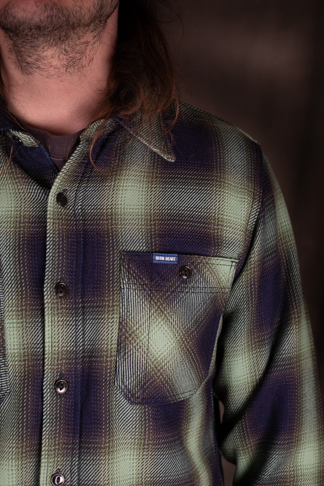 Iron Heart IHSH-349-GRN- 9oz Selvedge Ombré Check Work Shirt - Green