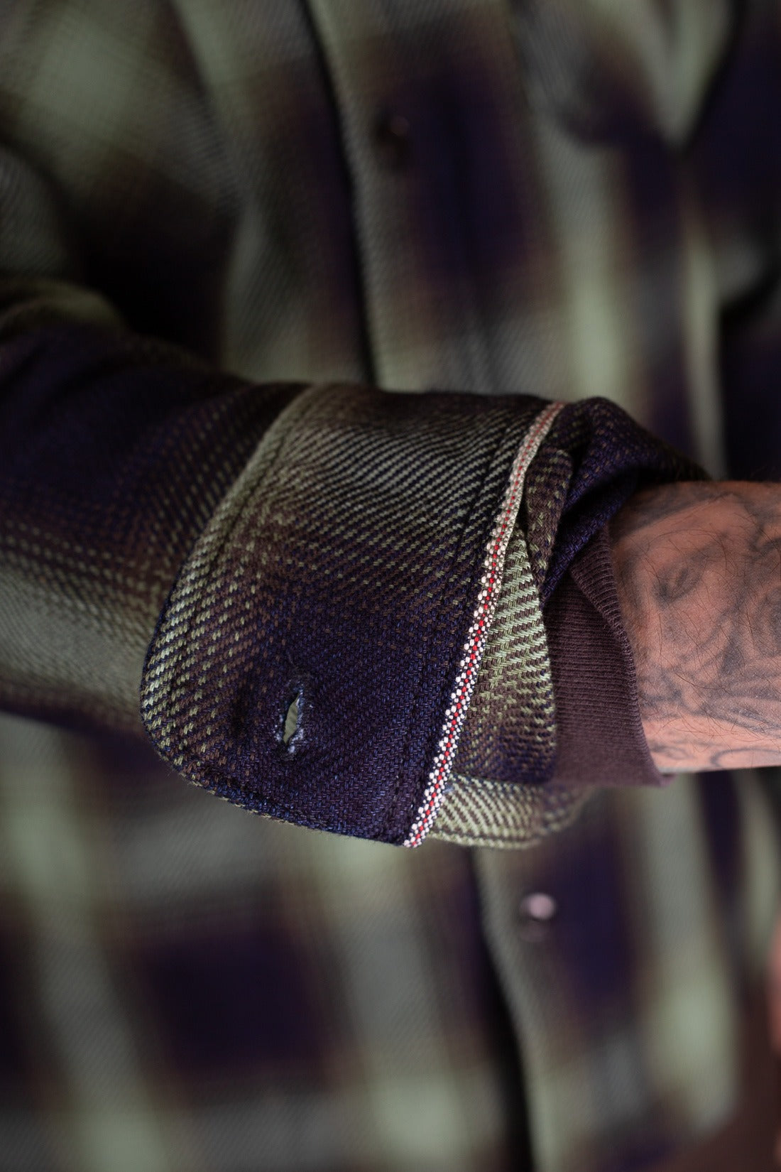 Iron Heart IHSH-349-GRN- 9oz Selvedge Ombré Check Work Shirt - Green