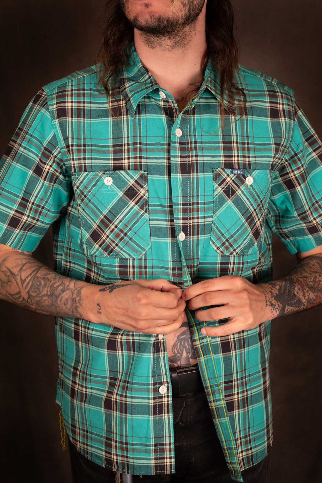 Iron Heart IHSH-360 - 5oz Selvedge Madras Check Short Sleeve Work Shirt - Green