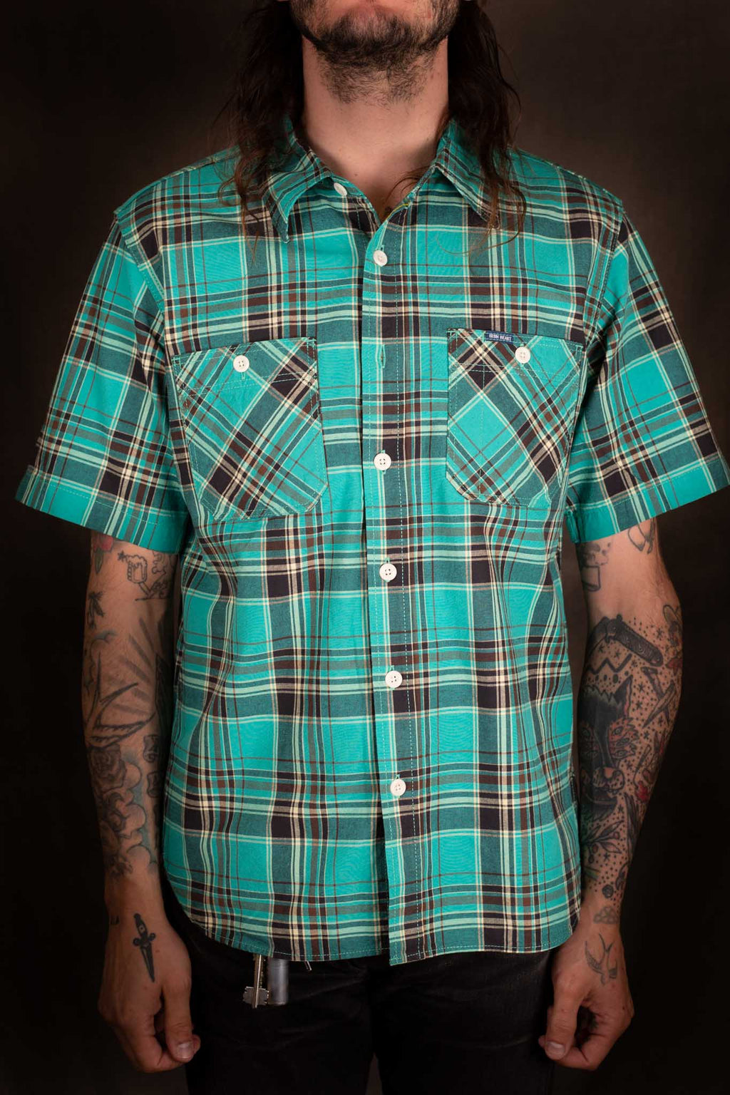 Iron Heart IHSH-360 - 5oz Selvedge Madras Check Short Sleeve Work Shirt - Green