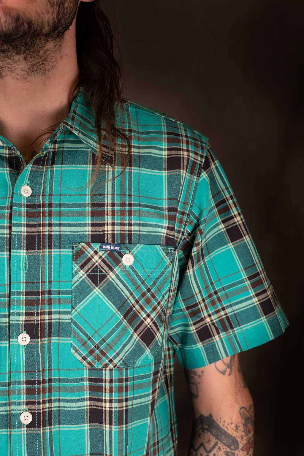 Iron Heart IHSH-360 - 5oz Selvedge Madras Check Short Sleeve Work Shirt - Green