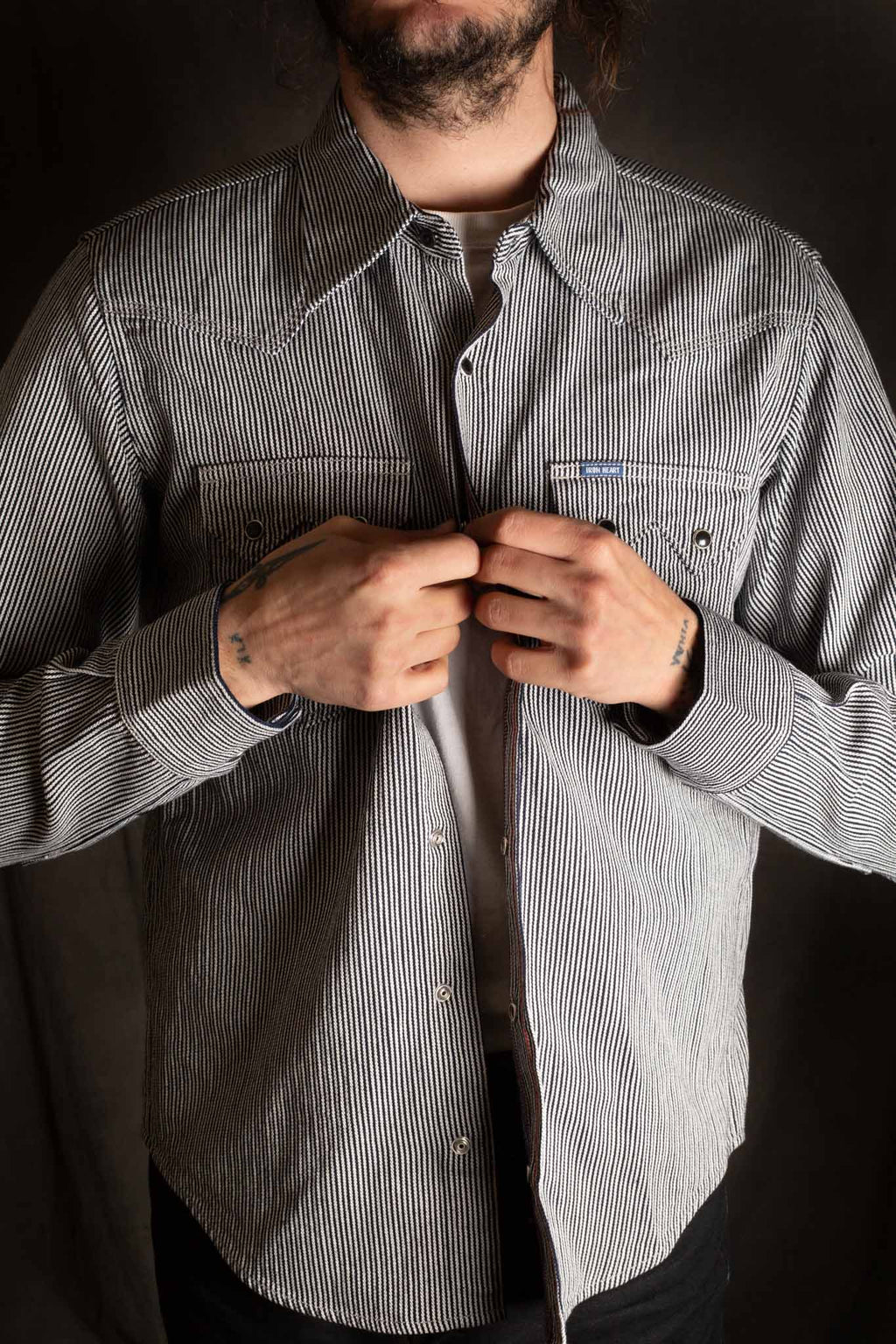 Iron Heart IHSH-365-IND 8oz Herringbone Hickory Stripe Sawtooth Western Shirt - Indigo