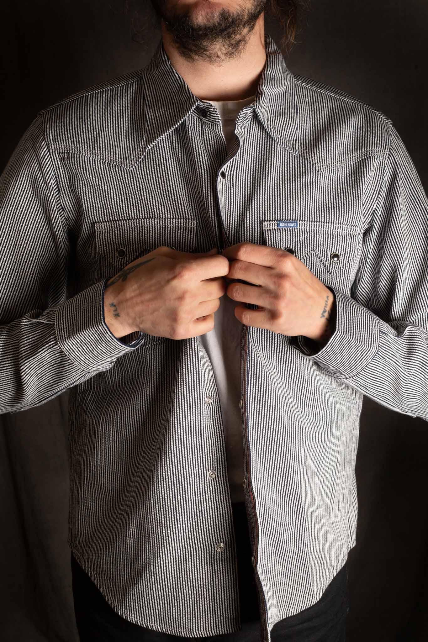Iron Heart IHSH-365-IND 8oz Herringbone Hickory Stripe Sawtooth Western Shirt - Indigo