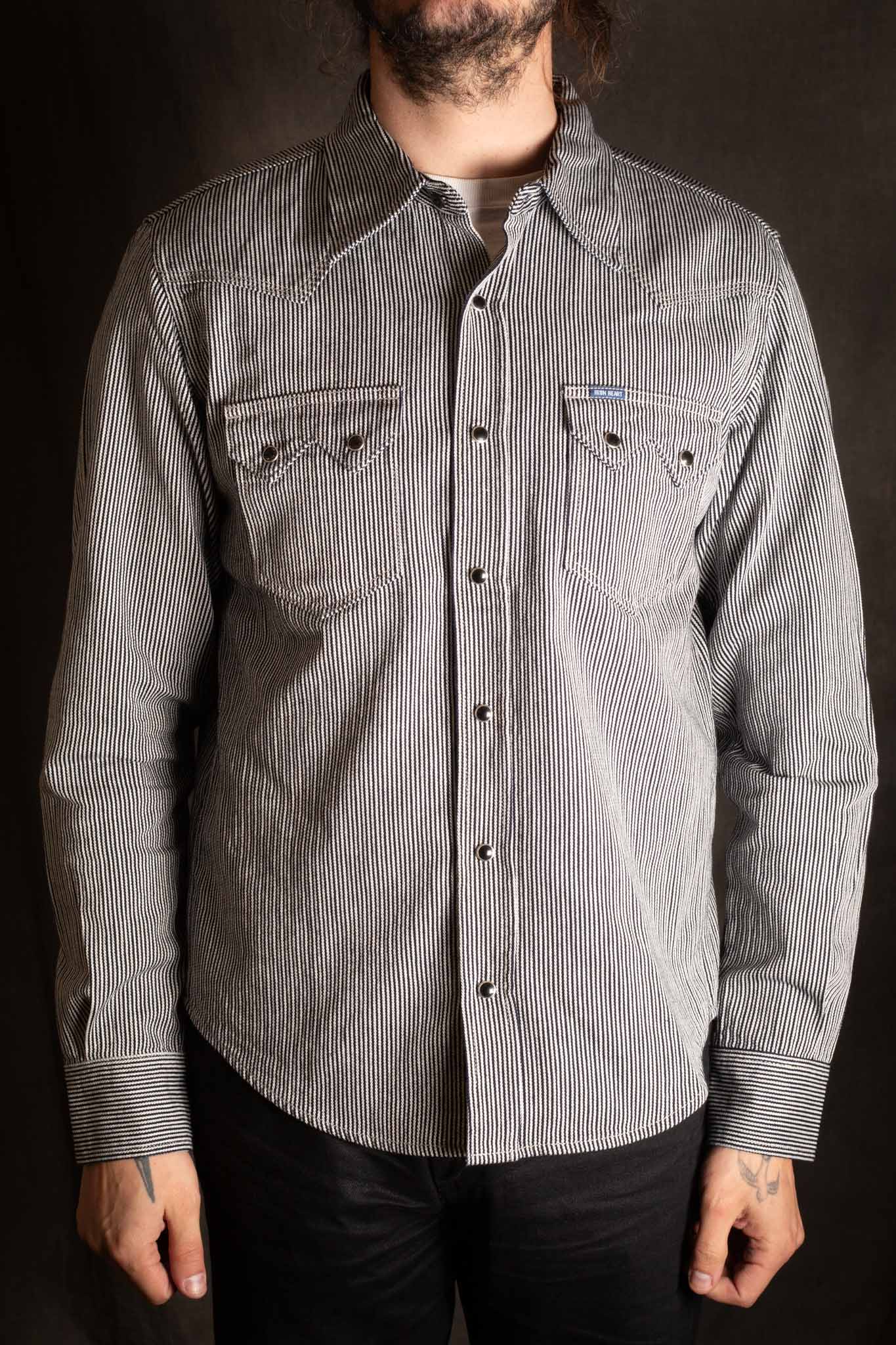 Iron Heart IHSH-365-IND 8oz Herringbone Hickory Stripe Sawtooth Western Shirt - Indigo