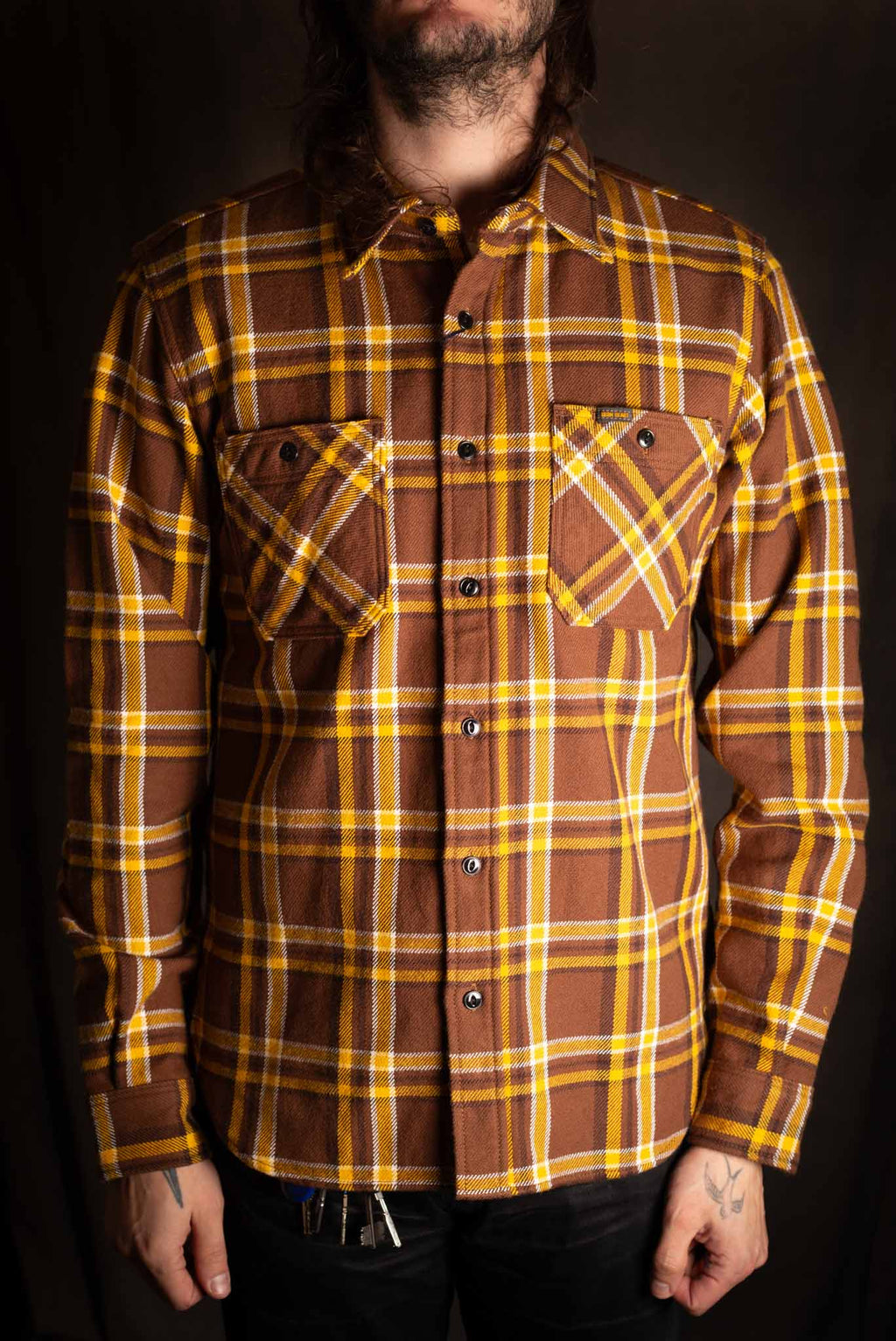 Iron Heart IHSH-378-BRN - Ultra Heavy Flannel Crazy Check Work Shirt - Brown