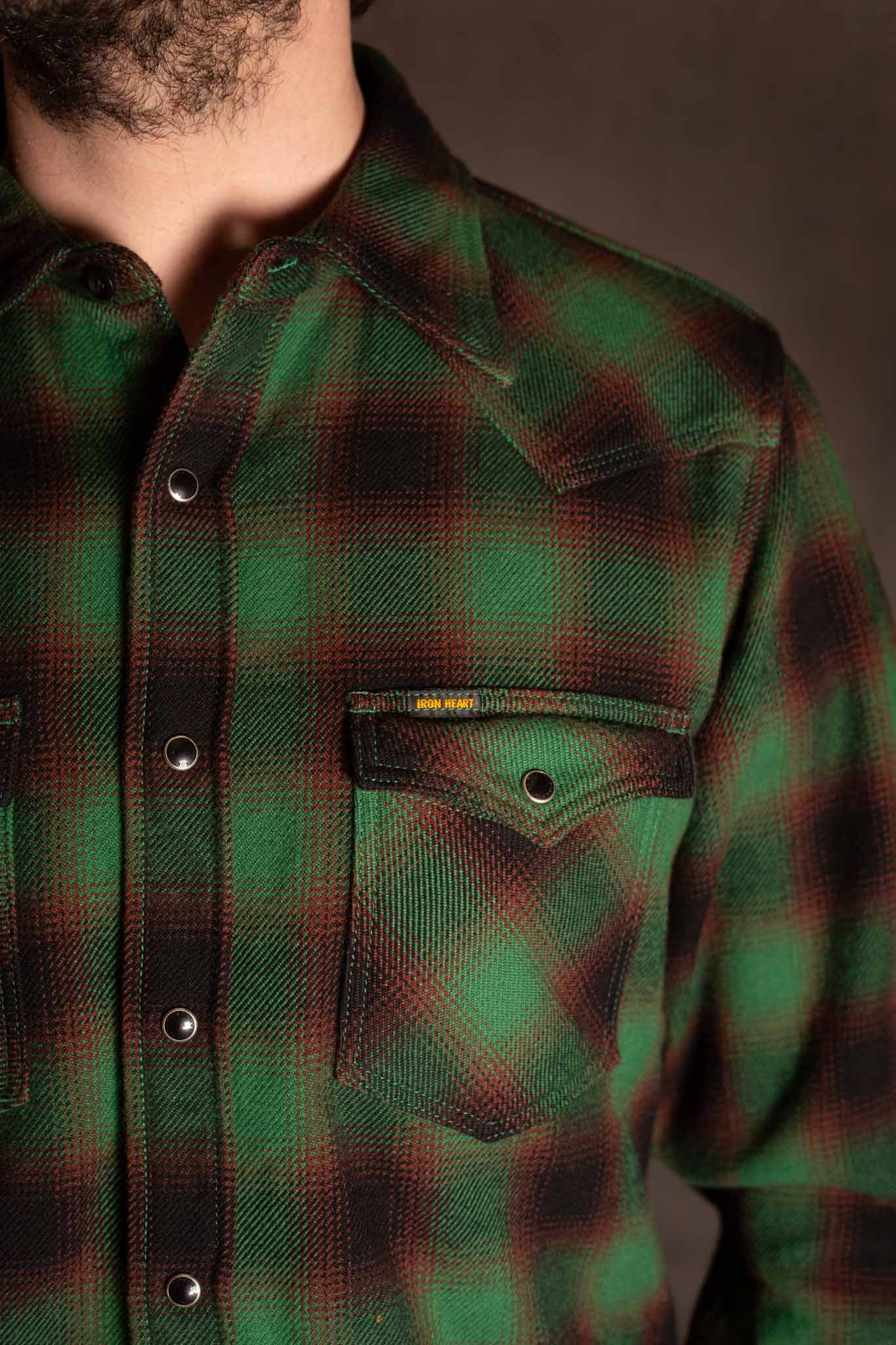 Iron Heart IHSH-373-GRN Ultra Heavy Flannel Ombré Check Western Shirt - Green