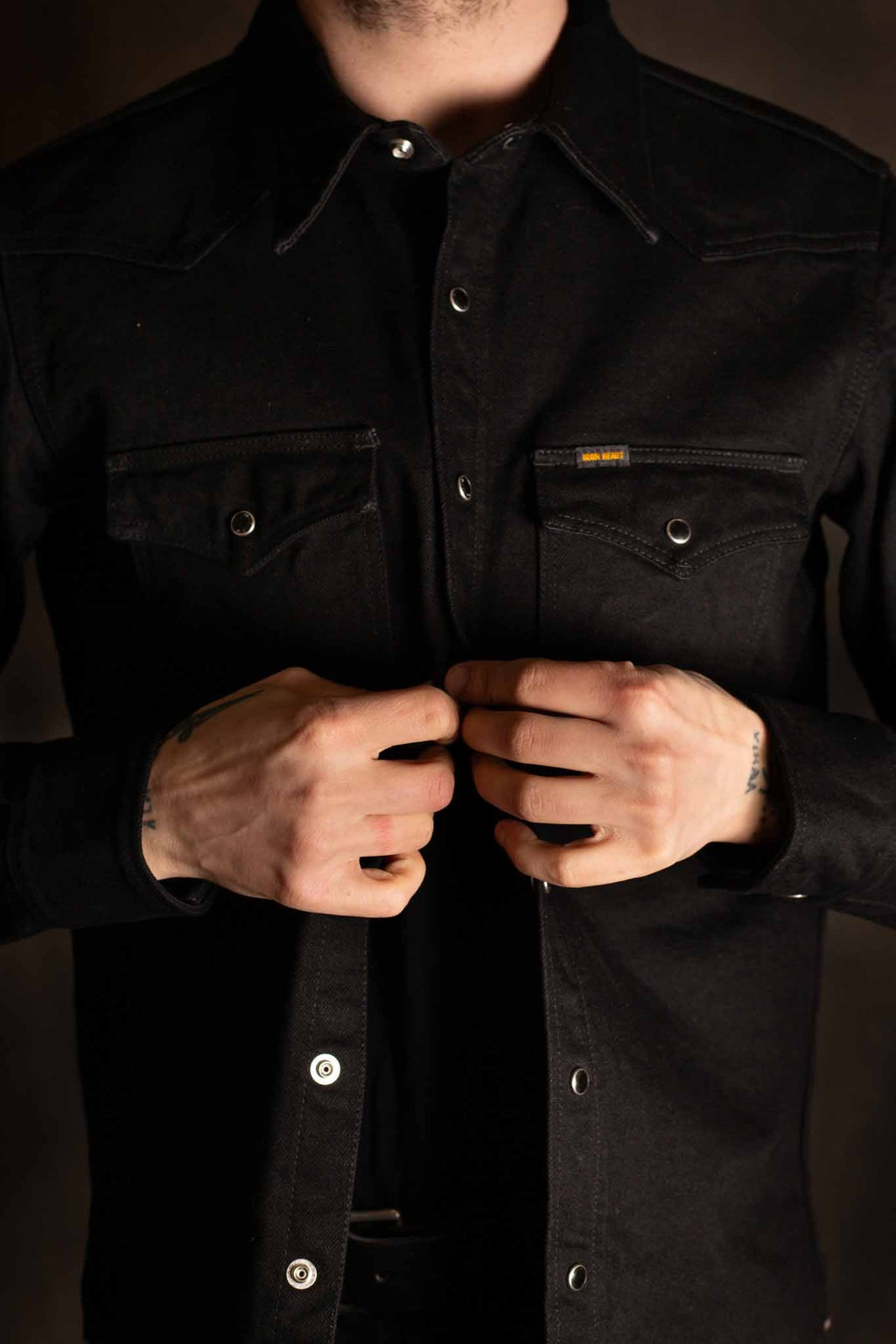 Iron Heart IHSH-295-BB 14oz Selvedge Denim Western Shirt - Black/Black