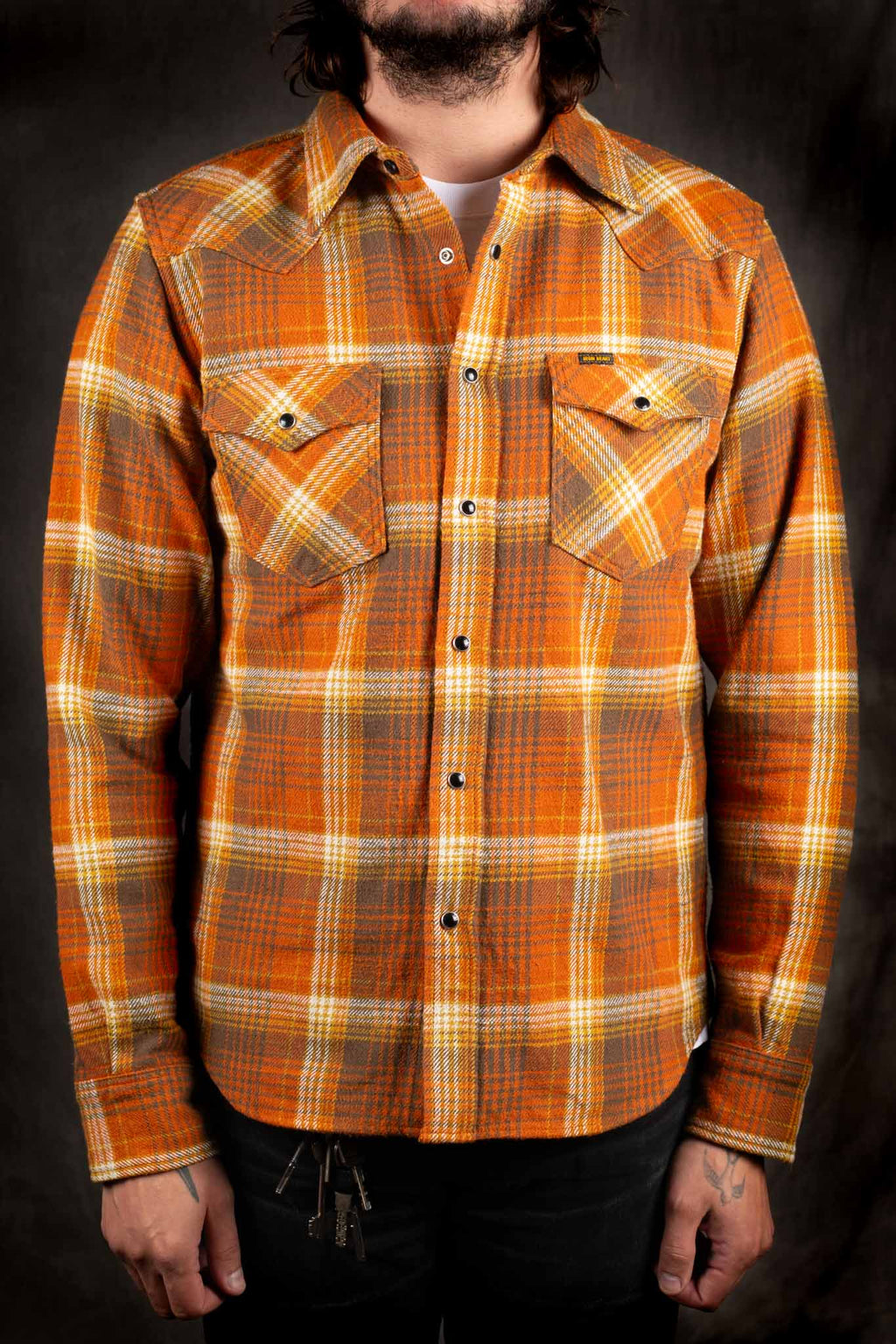 Iron Heart IHSH-399-ORA 12oz Slubby Heavy Flannel Check Western Shirt - Orange
