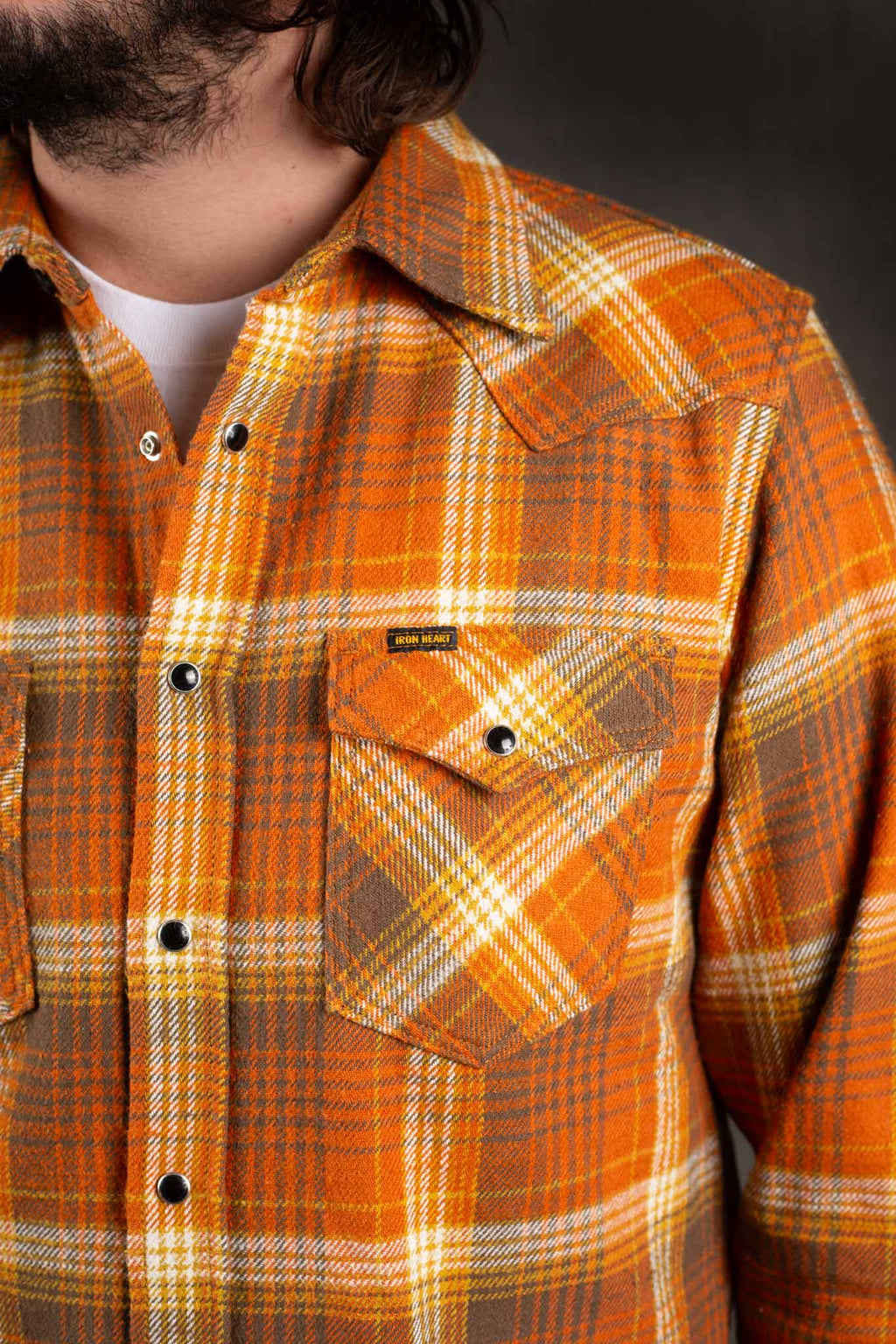 Iron Heart IHSH-399-ORA 12oz Slubby Heavy Flannel Check Western Shirt - Orange