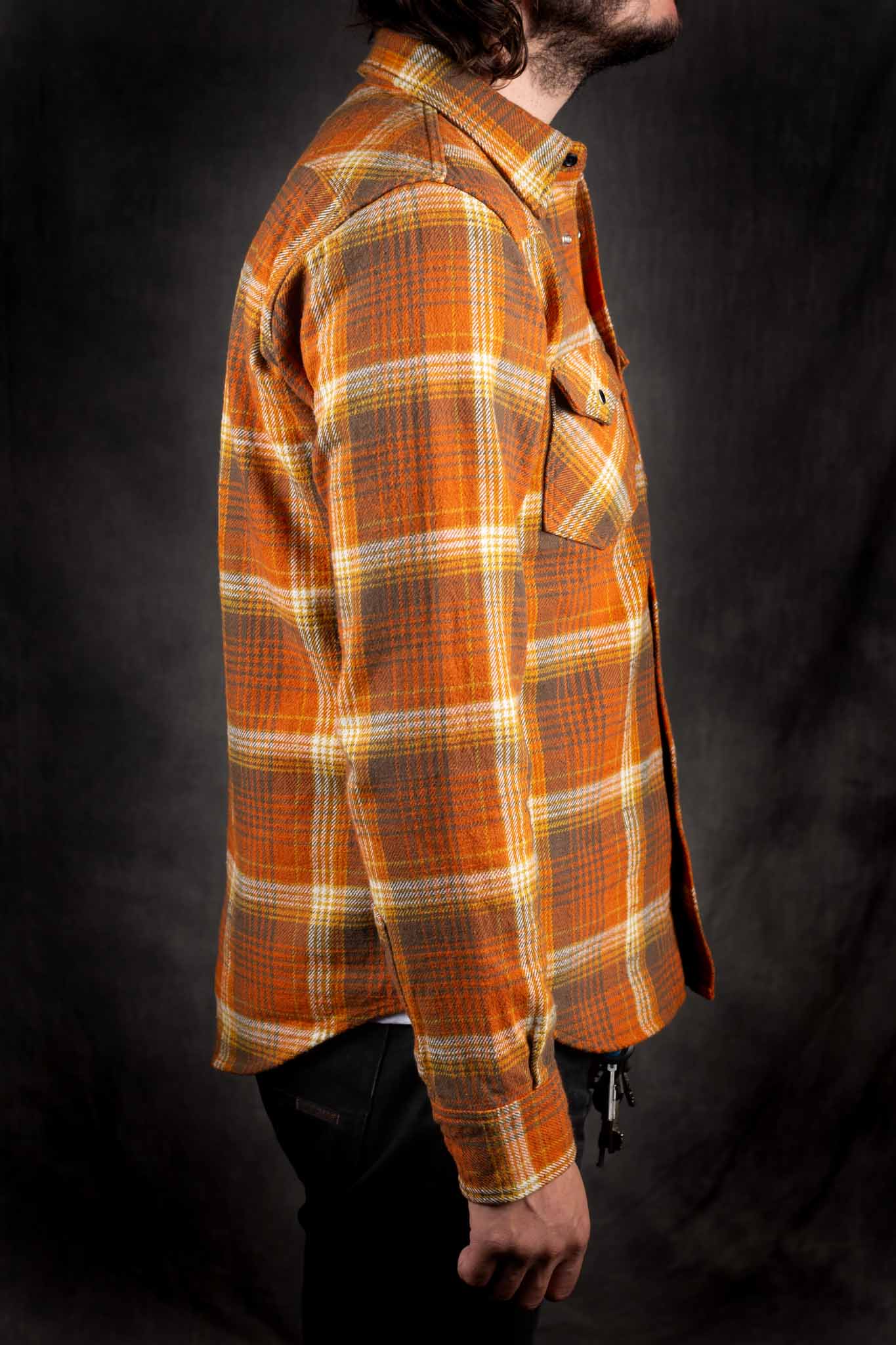 Iron Heart IHSH-399-ORA 12oz Slubby Heavy Flannel Check Western Shirt - Orange