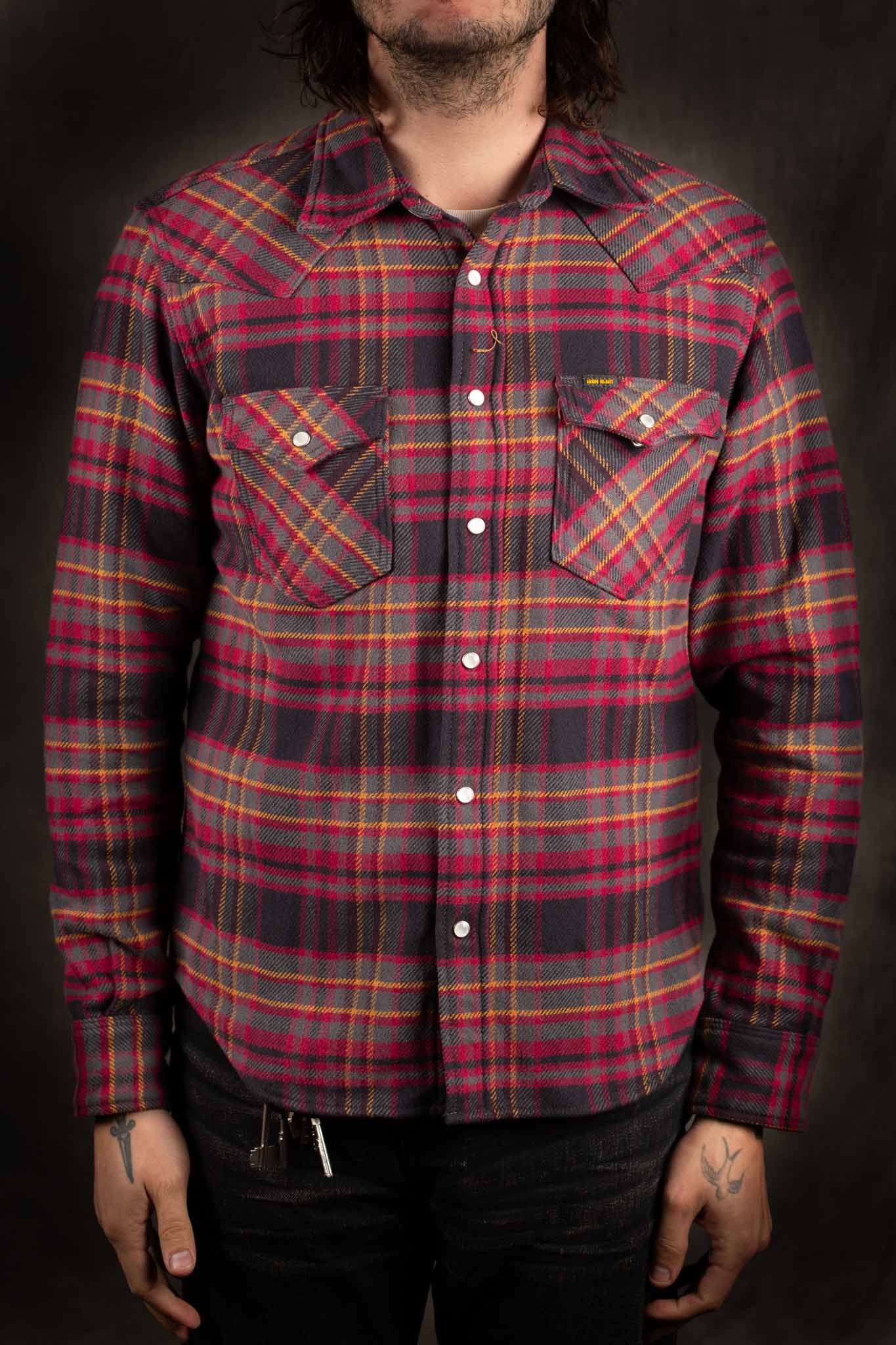 Iron Heart IHSH-403-GRY - 11oz Ultra Heavy Flannel Line Check Western Shirt - Grey