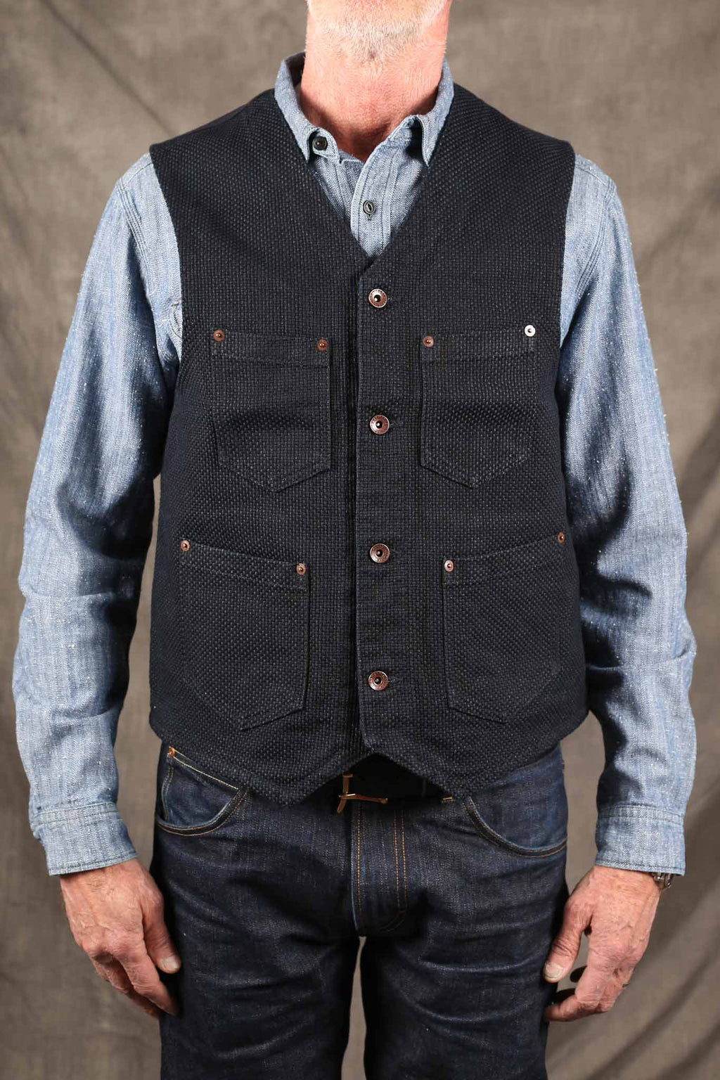 Iron Heart IHV-50-IND 14oz Sashiko Dobby Cloth / Duck Work Vest - Indigo