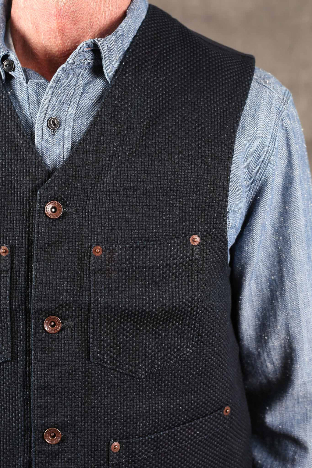 Iron Heart IHV-50-IND 14oz Sashiko Dobby Cloth / Duck Work Vest - Indigo