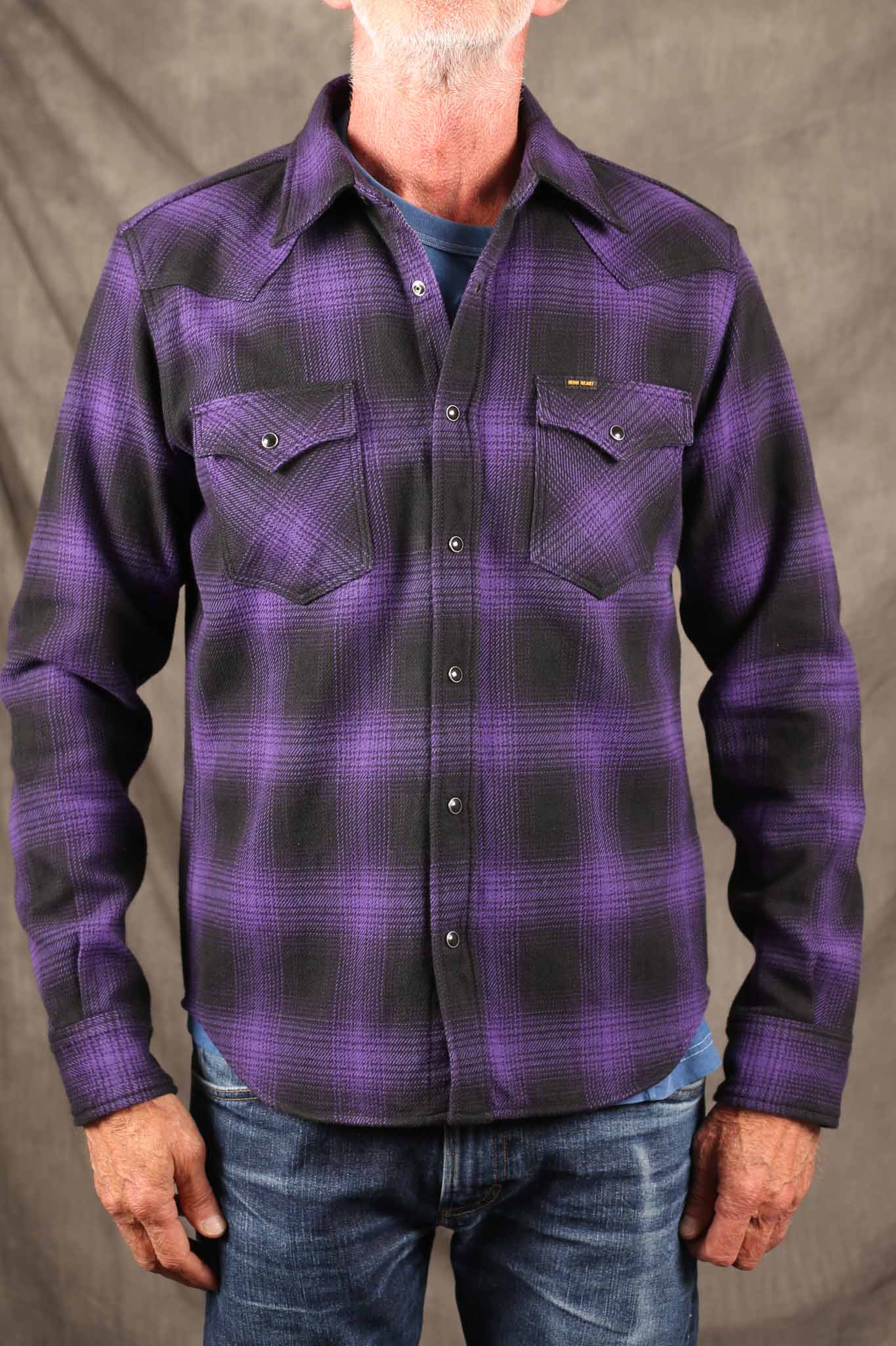 Iron Heart IHSH-264-PUR - Ultra Heavy Flannel Ombré Check Western Shirt - Purple/Black