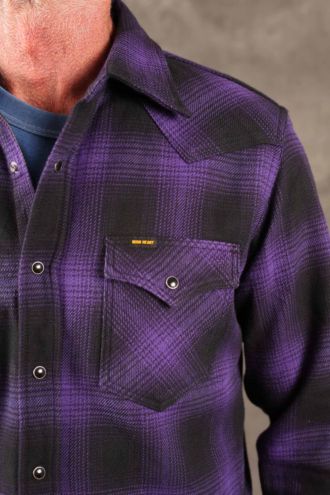 Iron Heart IHSH-264-PUR - Ultra Heavy Flannel Ombré Check Western Shirt - Purple/Black