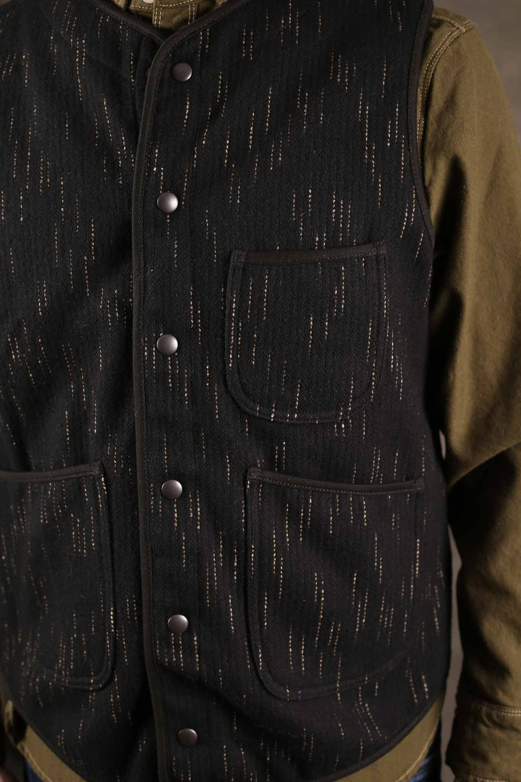 Studio D'Artisan 4617 Black Kasuri Dyed Beach Cloth Vest