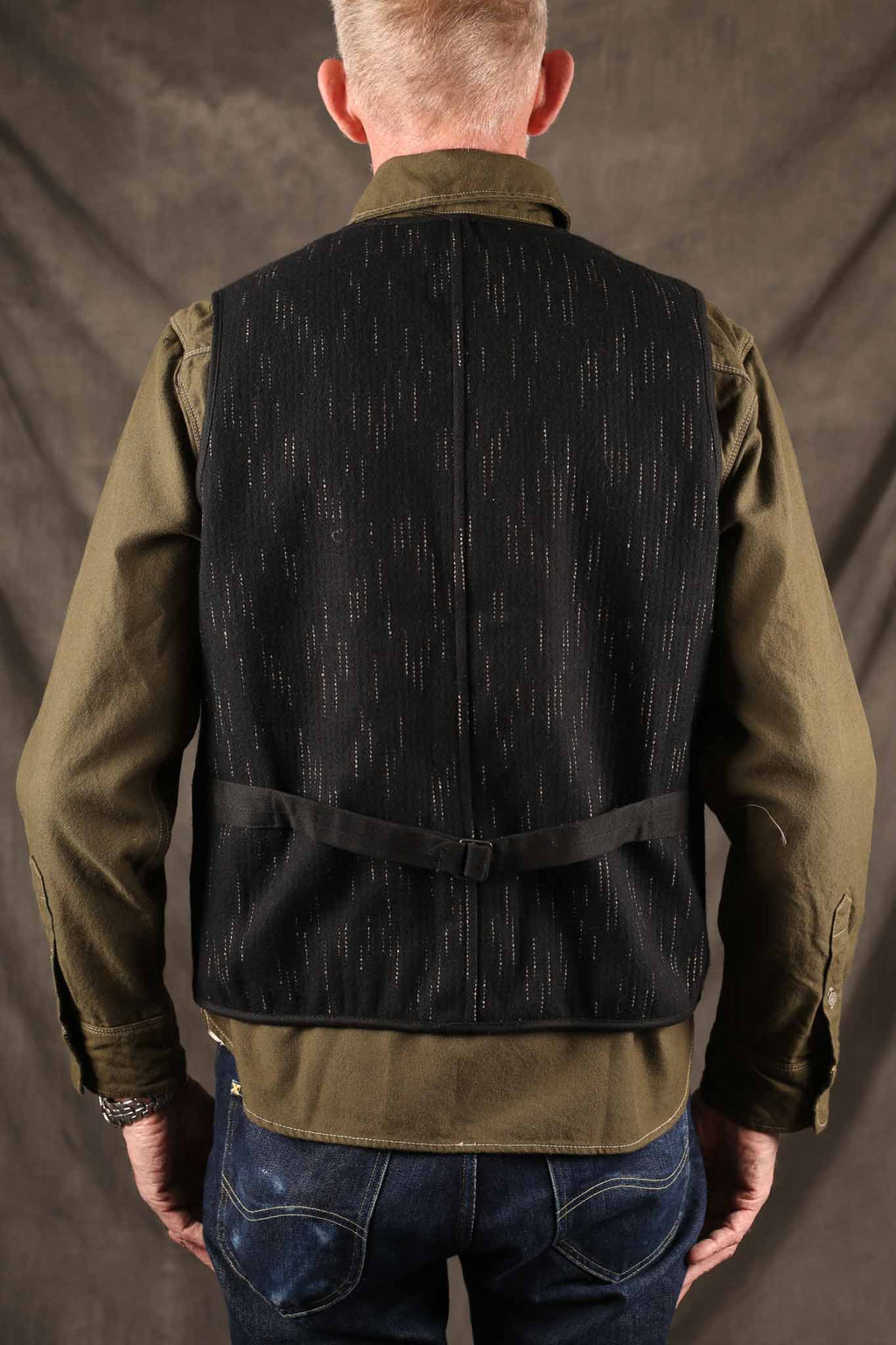 Studio D'Artisan 4617 Black Kasuri Dyed Beach Cloth Vest