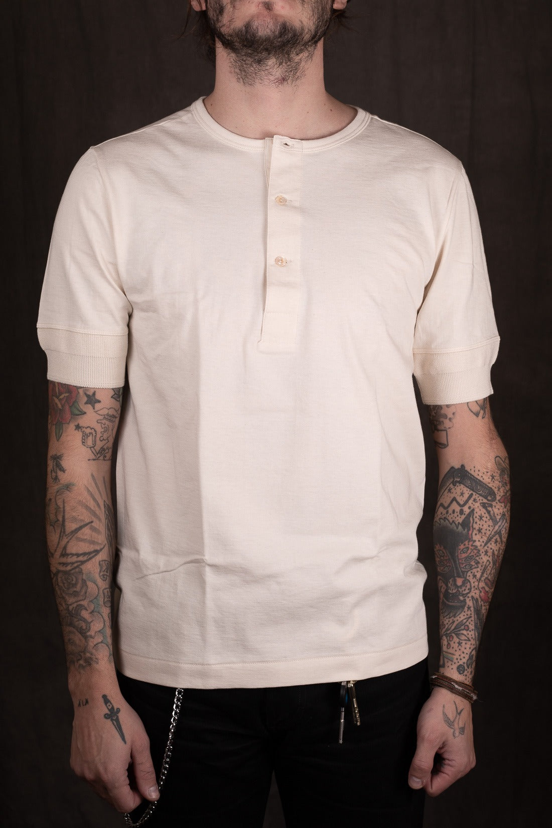 Merz b. Schwanen 207 Classic Henley Short Sleeve  Nature White