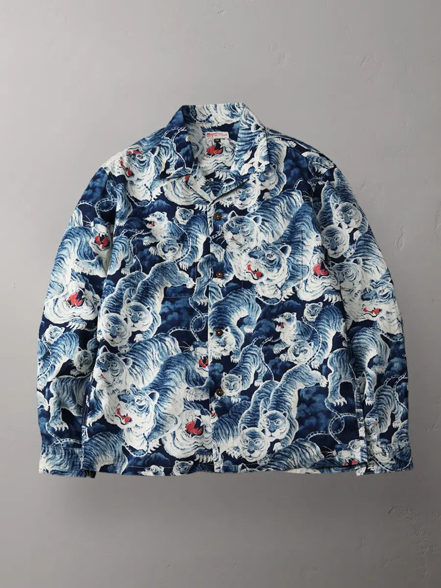 THE FLAT HEAD - FN-SCR-017L Linen Long-Sleeve Hundred Tigers Shirt