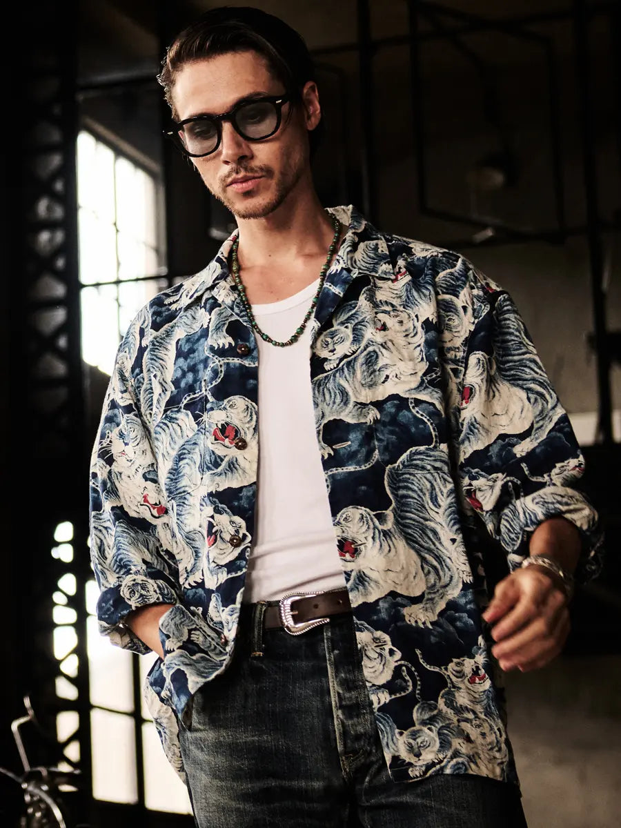 THE FLAT HEAD - FN-SCR-017L Linen Long-Sleeve Hundred Tigers Shirt