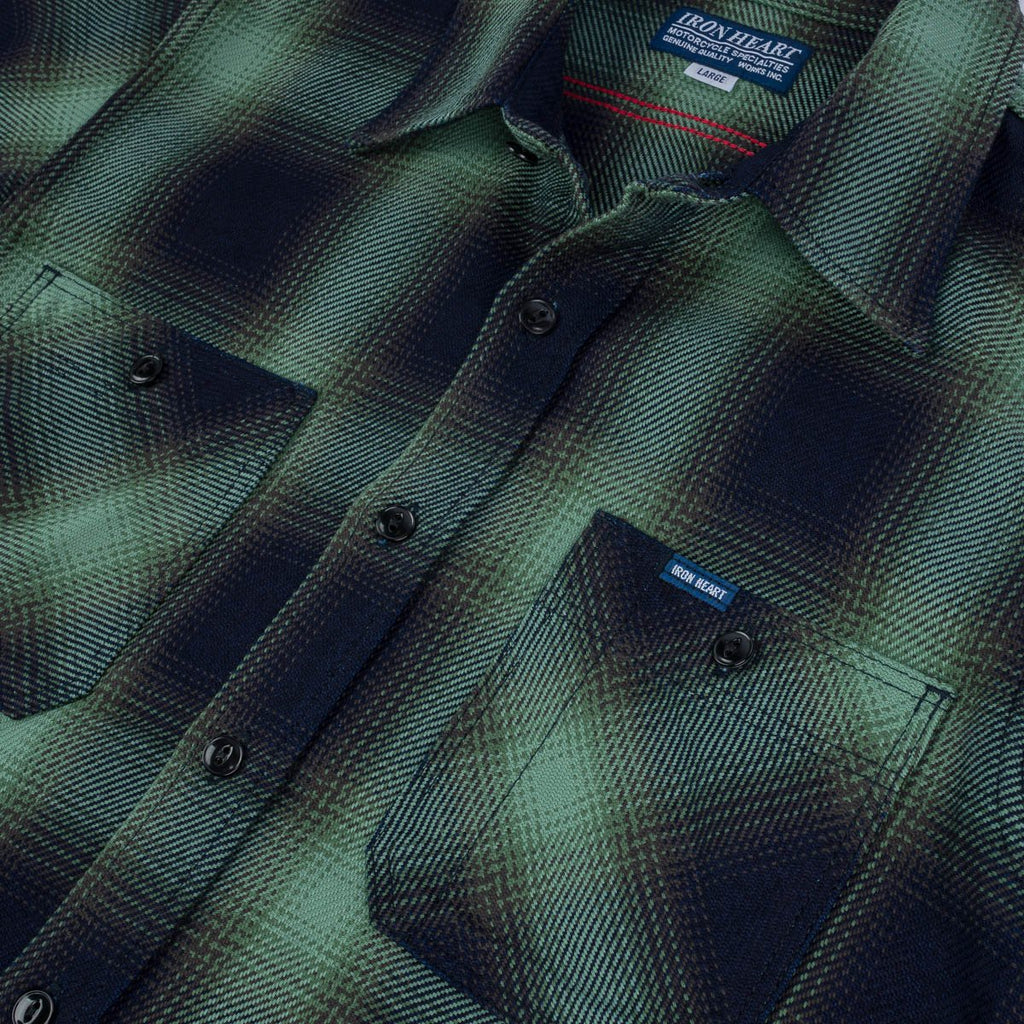 Iron Heart IHSH-349-GRN- 9oz Selvedge Ombré Check Work Shirt - Green
