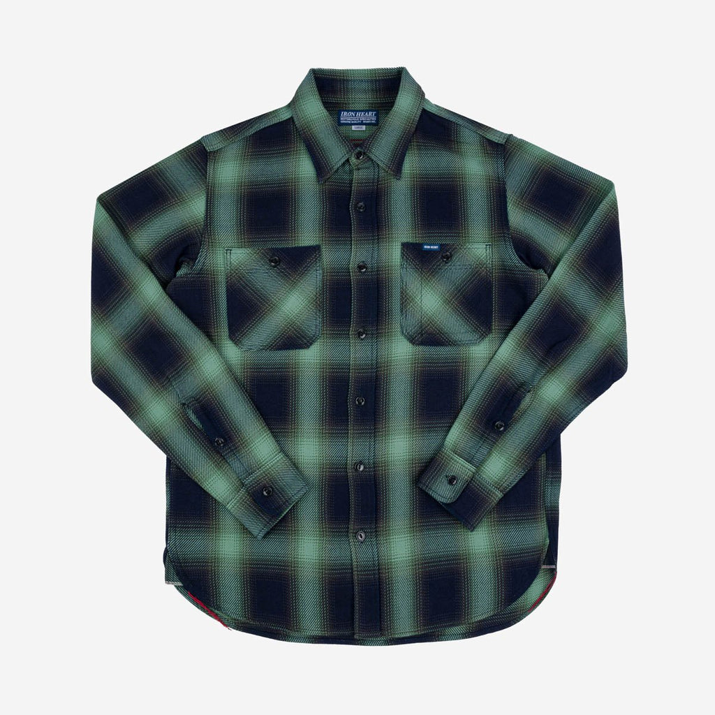 Iron Heart IHSH-349-GRN- 9oz Selvedge Ombré Check Work Shirt - Green