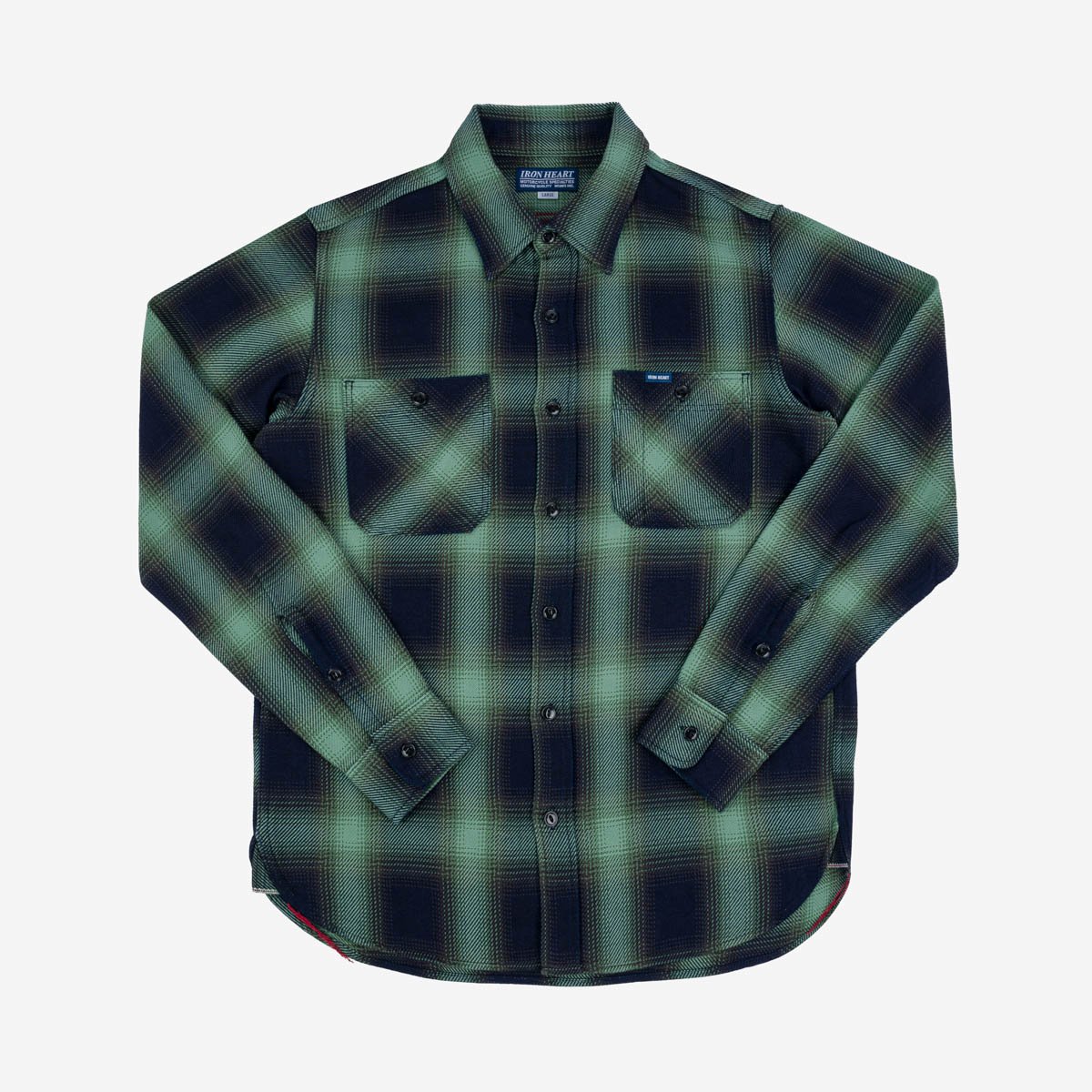 Iron Heart IHSH-349-GRN- 9oz Selvedge Ombré Check Work Shirt - Green