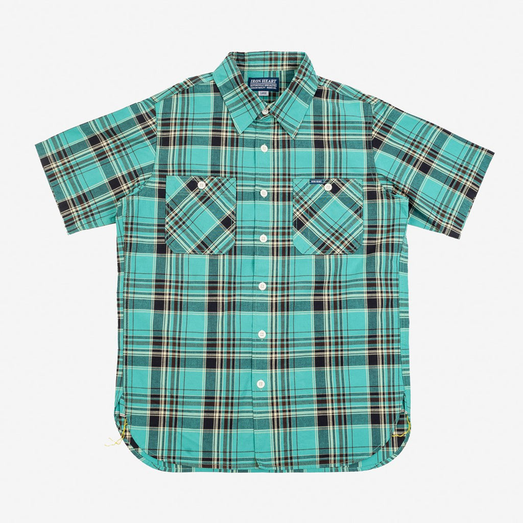 Iron Heart IHSH-360 - 5oz Selvedge Madras Check Short Sleeve Work Shirt - Green