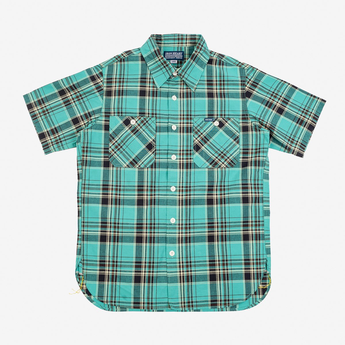Iron Heart IHSH-360 - 5oz Selvedge Madras Check Short Sleeve Work Shirt - Green