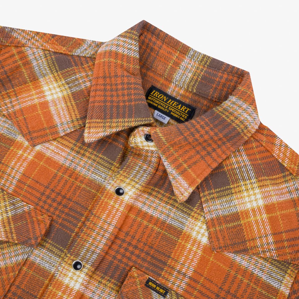 Iron Heart IHSH-399-ORA 12oz Slubby Heavy Flannel Check Western Shirt - Orange