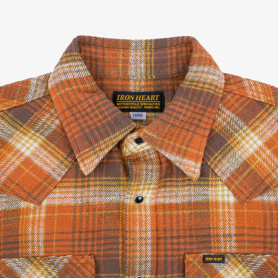 Iron Heart IHSH-399-ORA 12oz Slubby Heavy Flannel Check Western Shirt - Orange