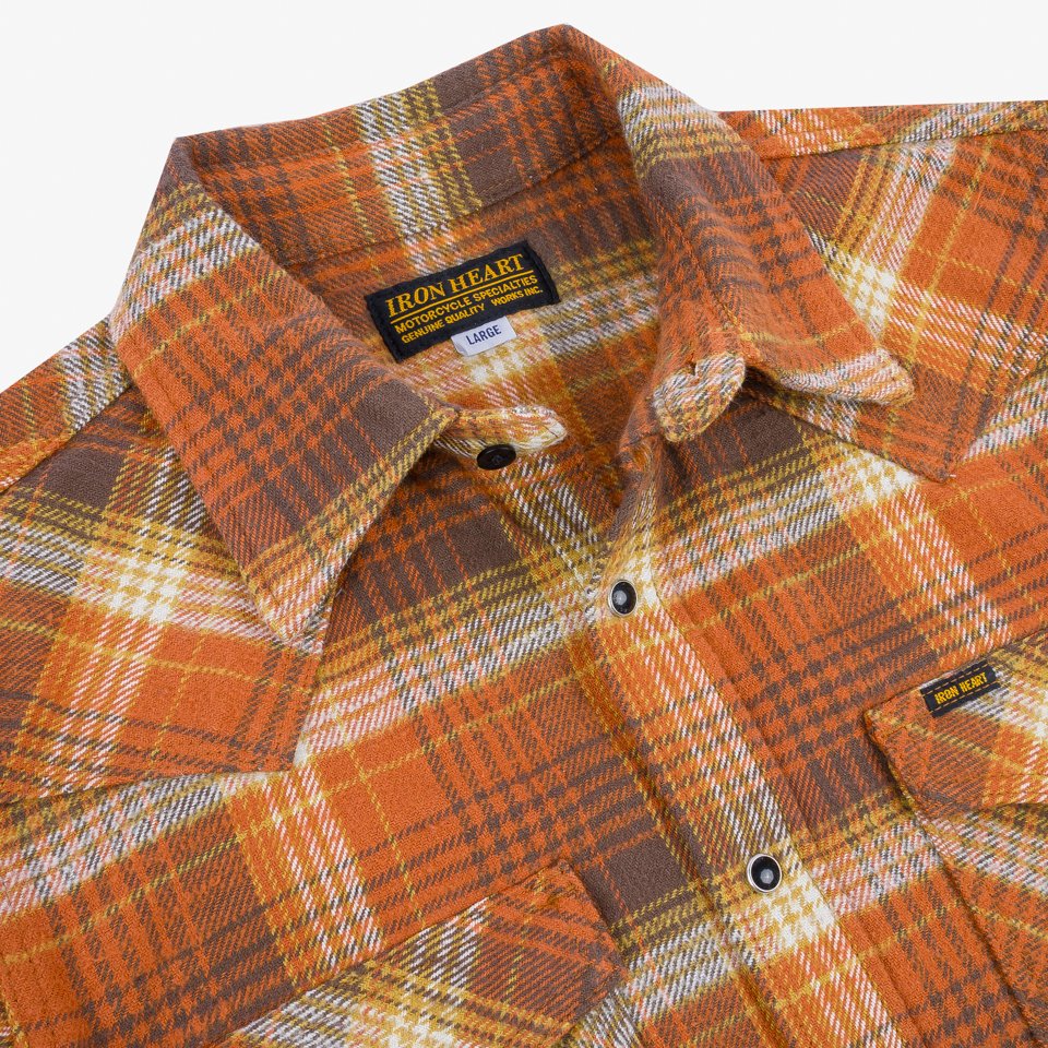Iron Heart IHSH-399-ORA 12oz Slubby Heavy Flannel Check Western Shirt - Orange