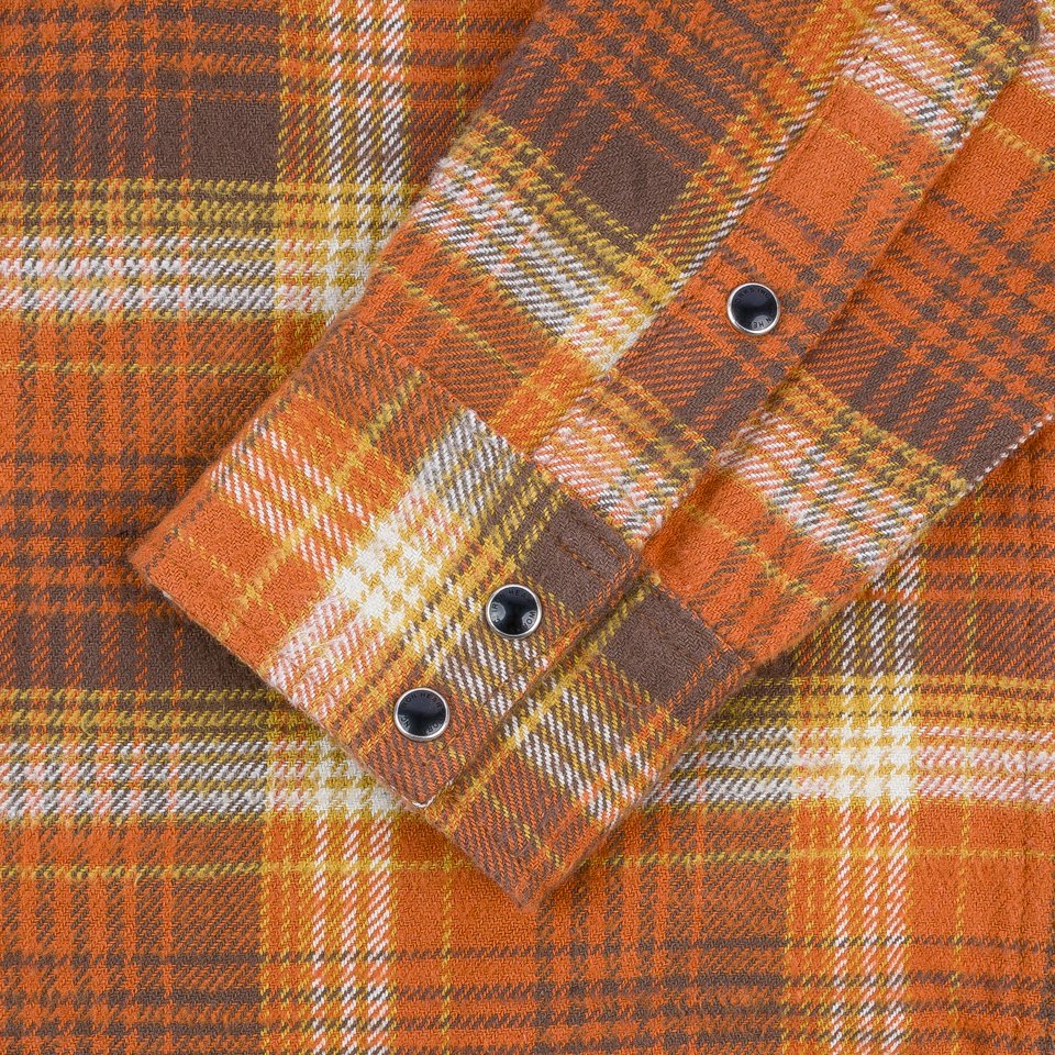Iron Heart IHSH-399-ORA 12oz Slubby Heavy Flannel Check Western Shirt - Orange