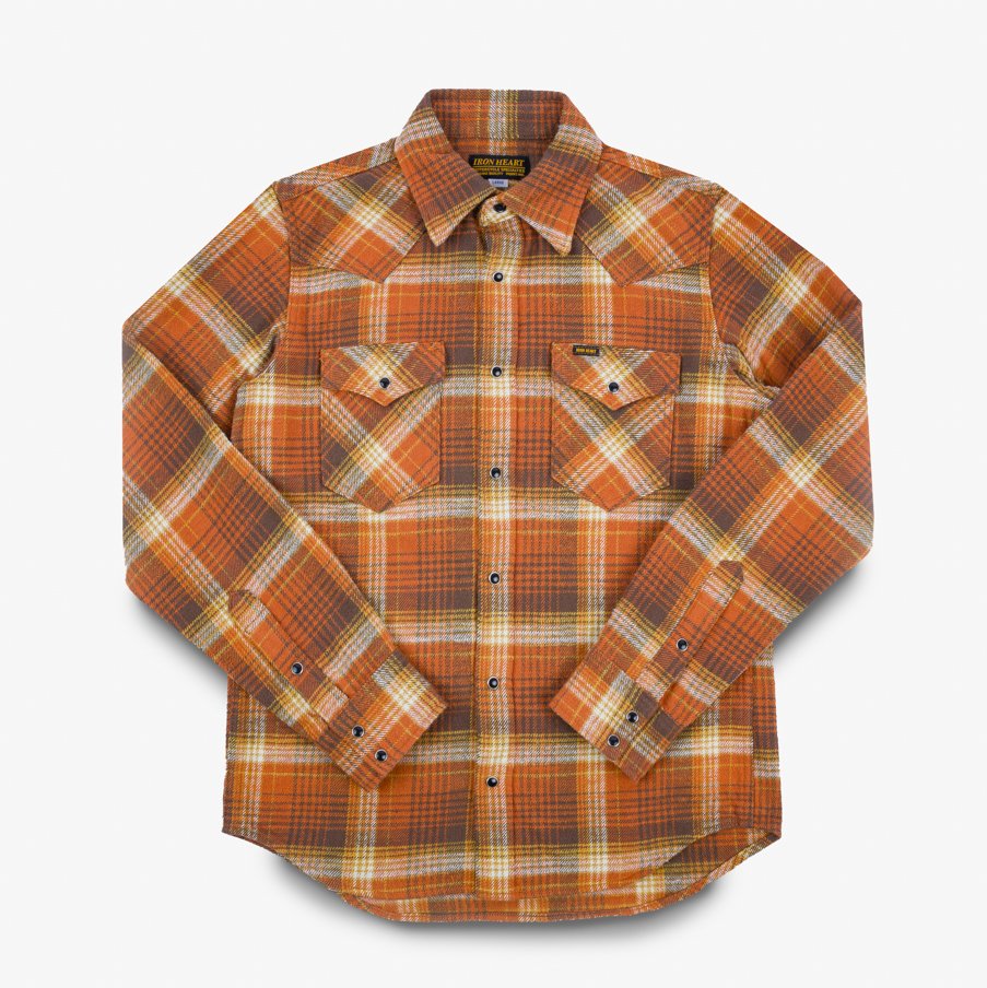 Iron Heart IHSH-399-ORA 12oz Slubby Heavy Flannel Check Western Shirt - Orange