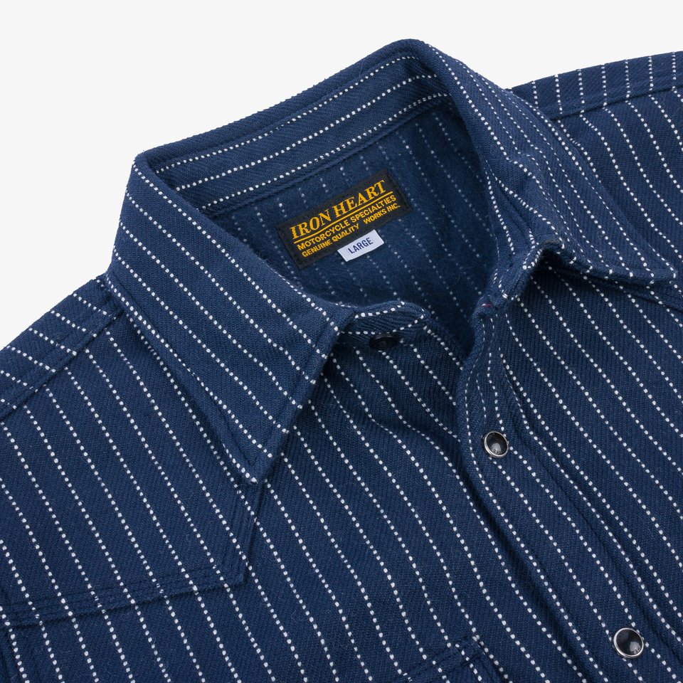 Iron Heart IHSH-401-NAV - 12oz Ultra Heavy Flannel Chalk Stripe Western Shirt - Navy