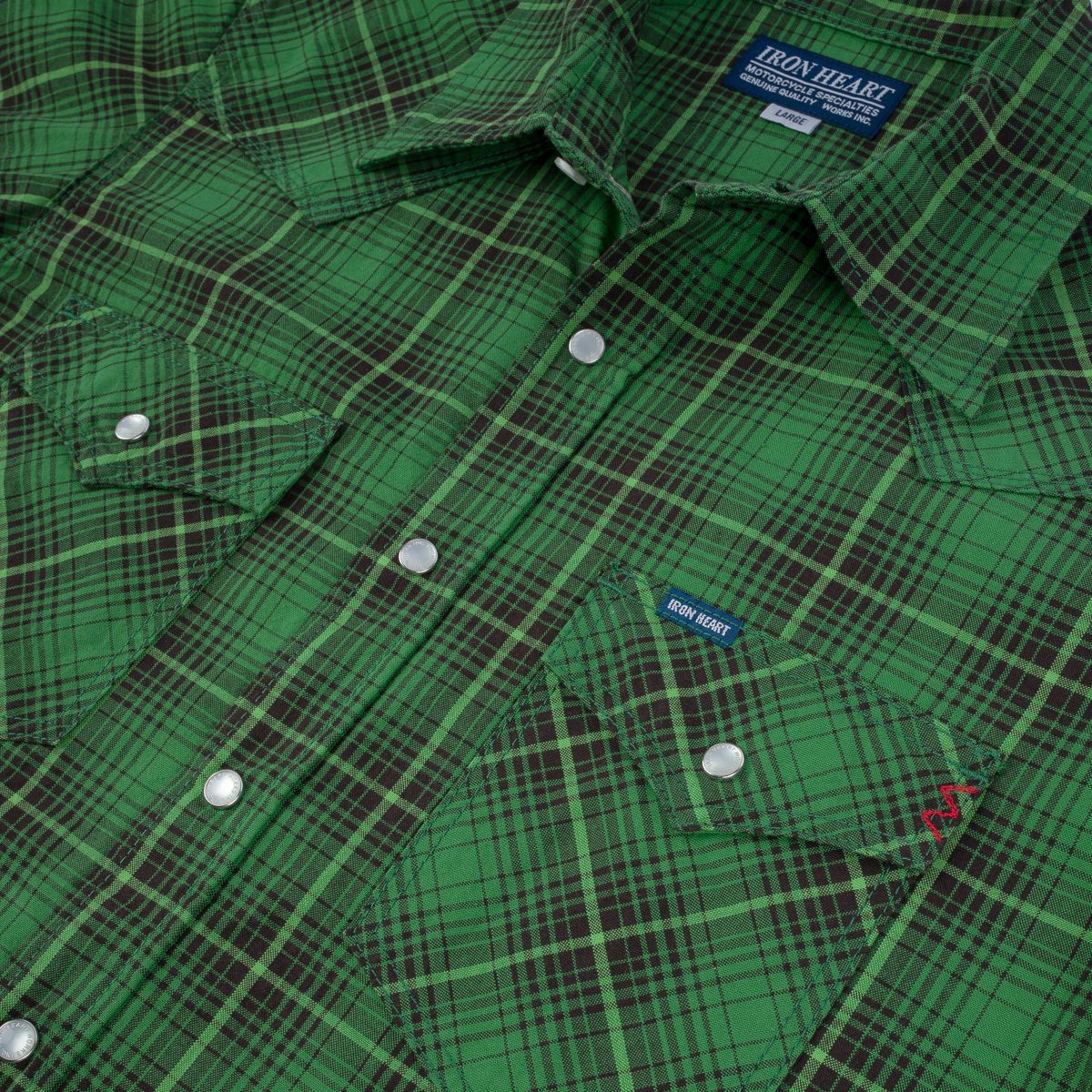 Iron Heart - IHSH-386-GRN - 5oz Selvedge Short Sleeved Western Shirt - Green Vintage Check